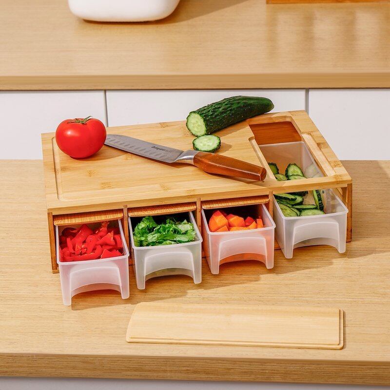 4 Containers With Wooden Chopping Board