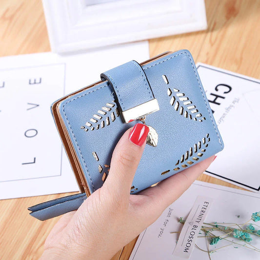 Promotion Hollow Leaves Design Coin & Card Purse Cheap Fancy Women Purses Ladies Short Wallets Long Purse PU Fashion Zipper