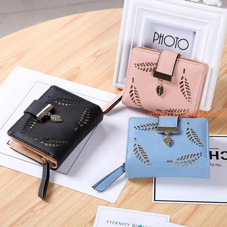 Promotion Hollow Leaves Design Coin & Card Purse Cheap Fancy Women Purses Ladies Short Wallets Long Purse PU Fashion Zipper