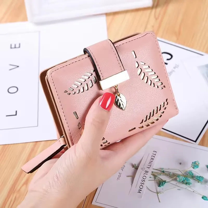 Promotion Hollow Leaves Design Coin & Card Purse Cheap Fancy Women Purses Ladies Short Wallets Long Purse PU Fashion Zipper