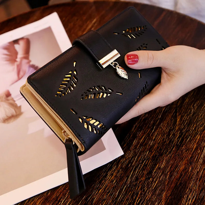 Promotion Hollow Leaves Design Coin & Card Purse Cheap Fancy Women Purses Ladies Short Wallets Long Purse PU Fashion Zipper