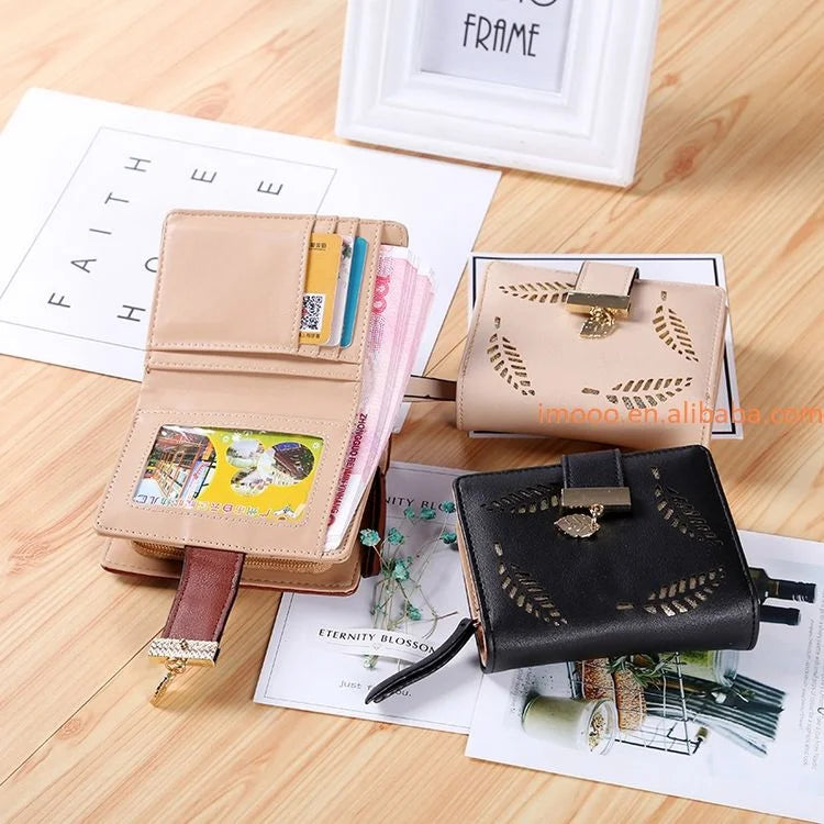 Promotion Hollow Leaves Design Coin & Card Purse Cheap Fancy Women Purses Ladies Short Wallets Long Purse PU Fashion Zipper
