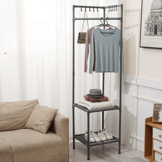 Multi-Functional Space Saving Corner Coat Rack with Shelf Storage